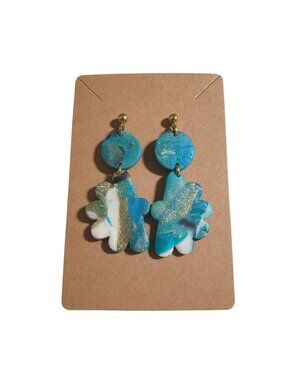 Polymer Clay Handmade Earrings Teal Gold White Marbled 2 In Dangle Artisan Gift